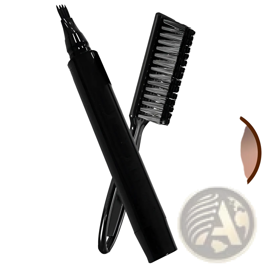 Black beard pen and brush grooming set with fine angled brush tip and matching bristle brush for precise application