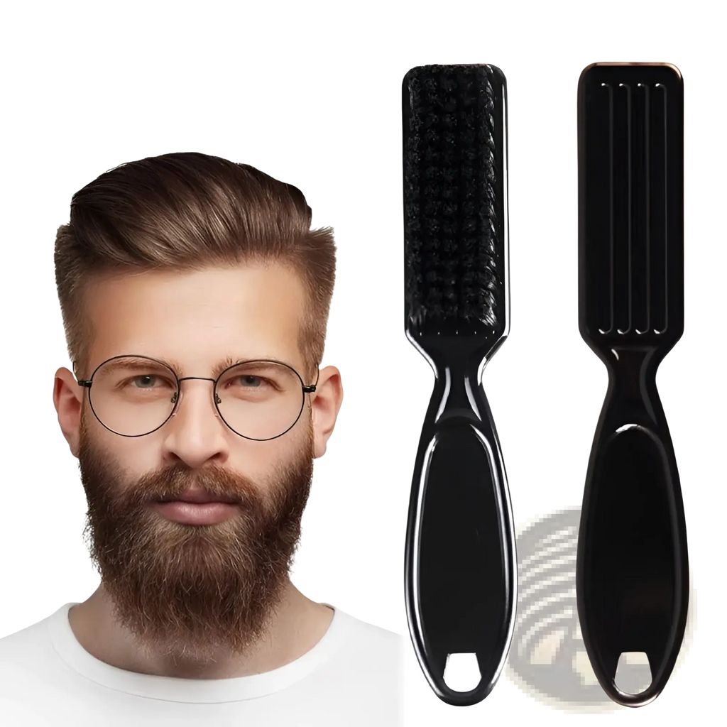 Black plastic beard brush with dense bristles and textured grip handle from beard pen and brush grooming set for men black
