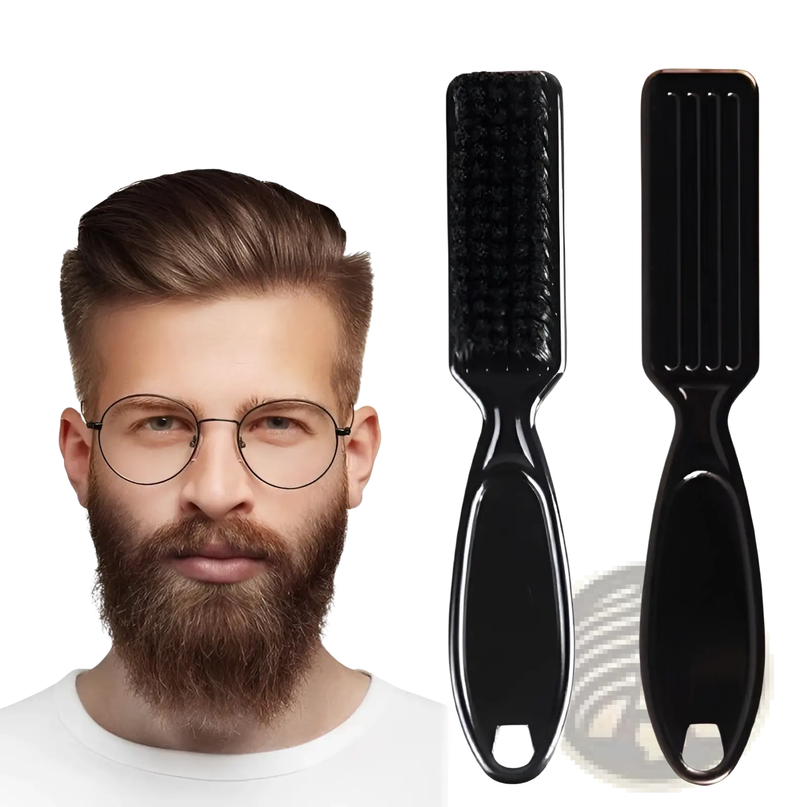Black plastic beard brush with dense bristles and textured grip handle from beard pen and brush grooming set for men black