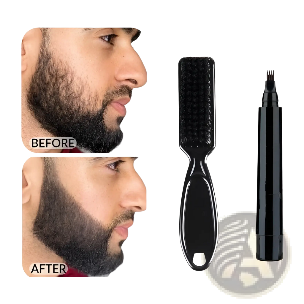 Black plastic beard pen and brush grooming set for men with precision trimmer for detailed beard styling