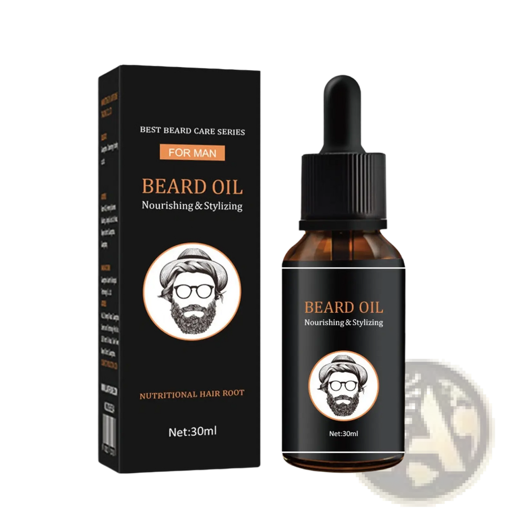 Black glass beard oil bottle with black dropper cap and gold text in beard roller and oil microneedle skin care kit