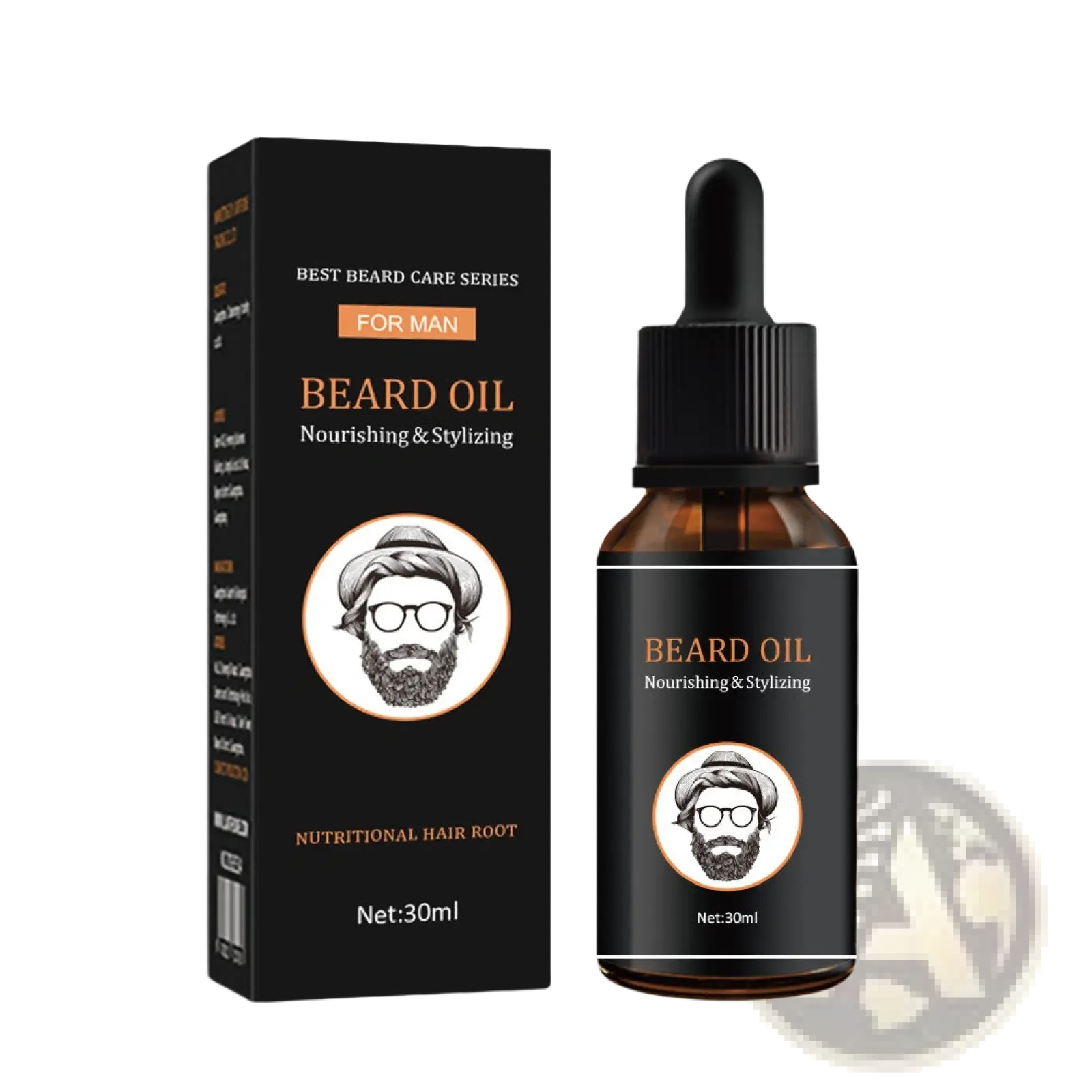 Black glass beard oil bottle with black dropper cap and gold text in beard roller and oil microneedle skin care kit