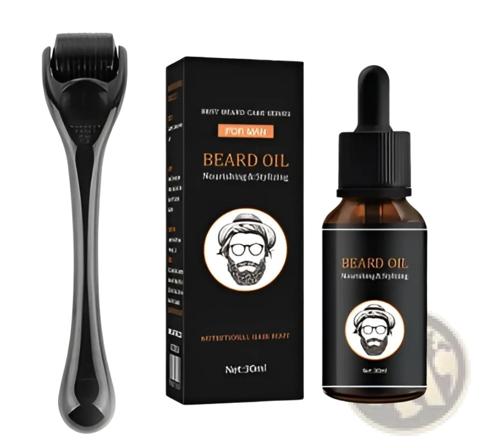 Black beard oil with dropper cap and matching packaging alongside black derma roller in beard roller and oil set microneedle kit