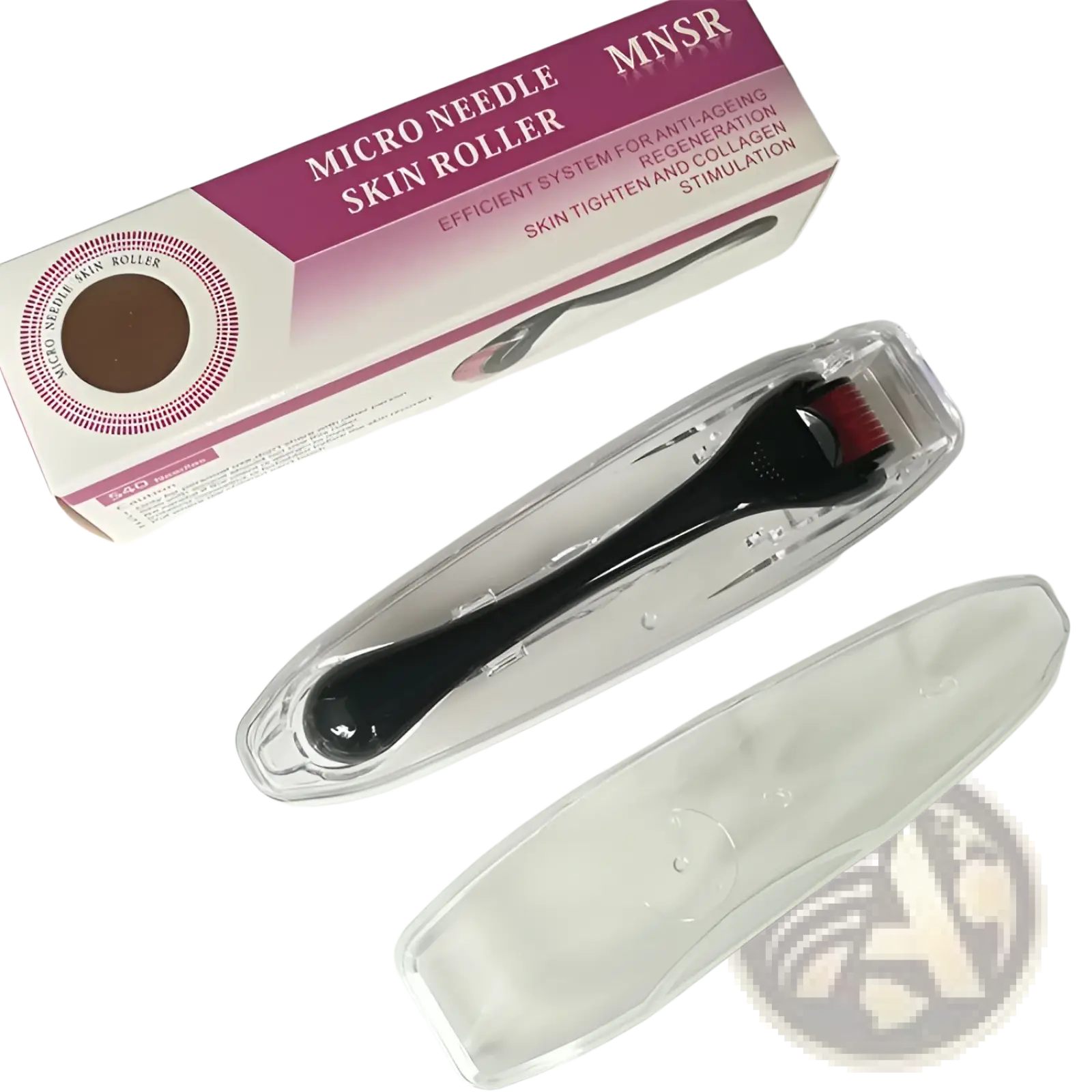 Beard roller and oil set microneedle skin care kit with black microneedle roller featuring red-tipped head in clear case