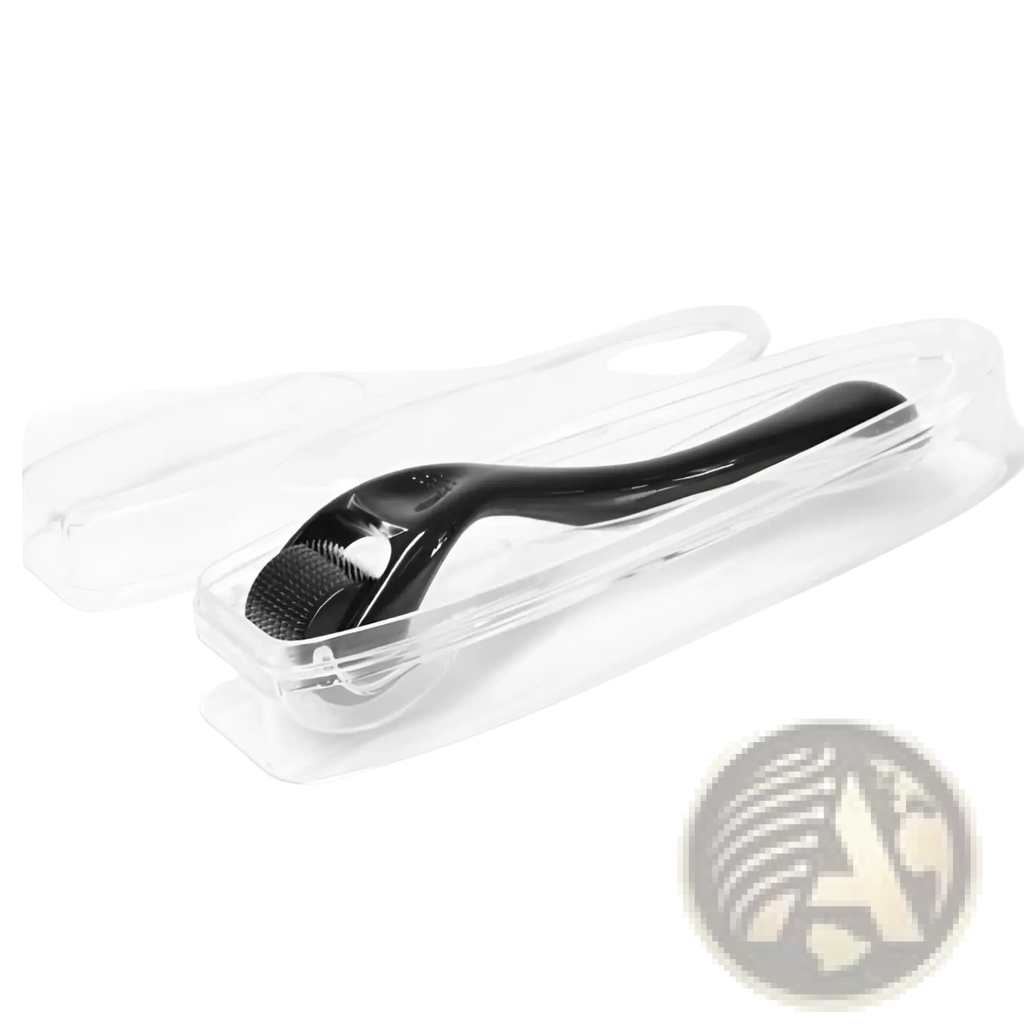 Black derma roller with textured rounded head and smooth handle for beard roller and oil set microneedle skin care kit