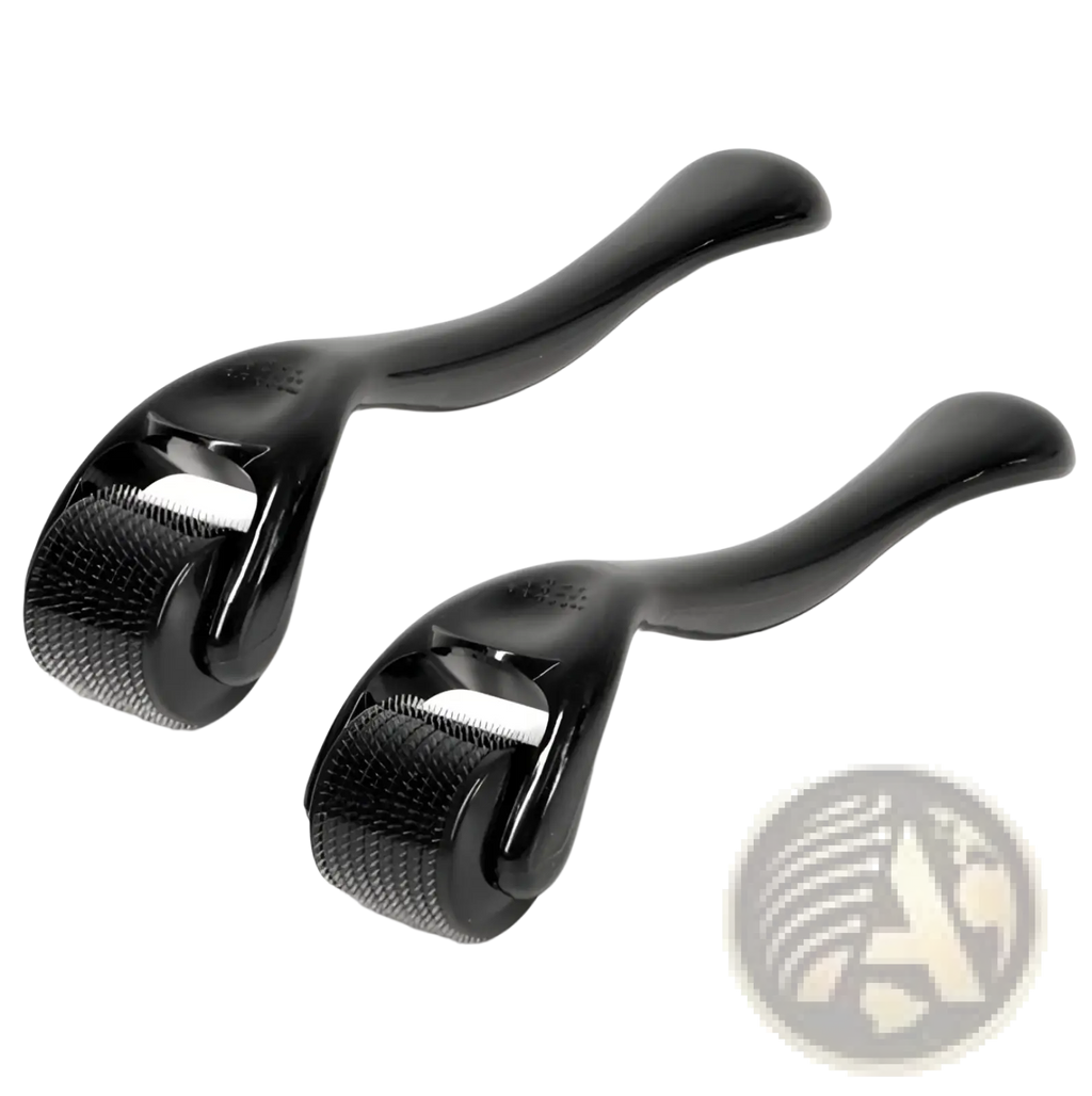 Black derma roller pens with textured mesh-like rolling heads and smooth handles in beard roller and oil set microneedle skin care kit