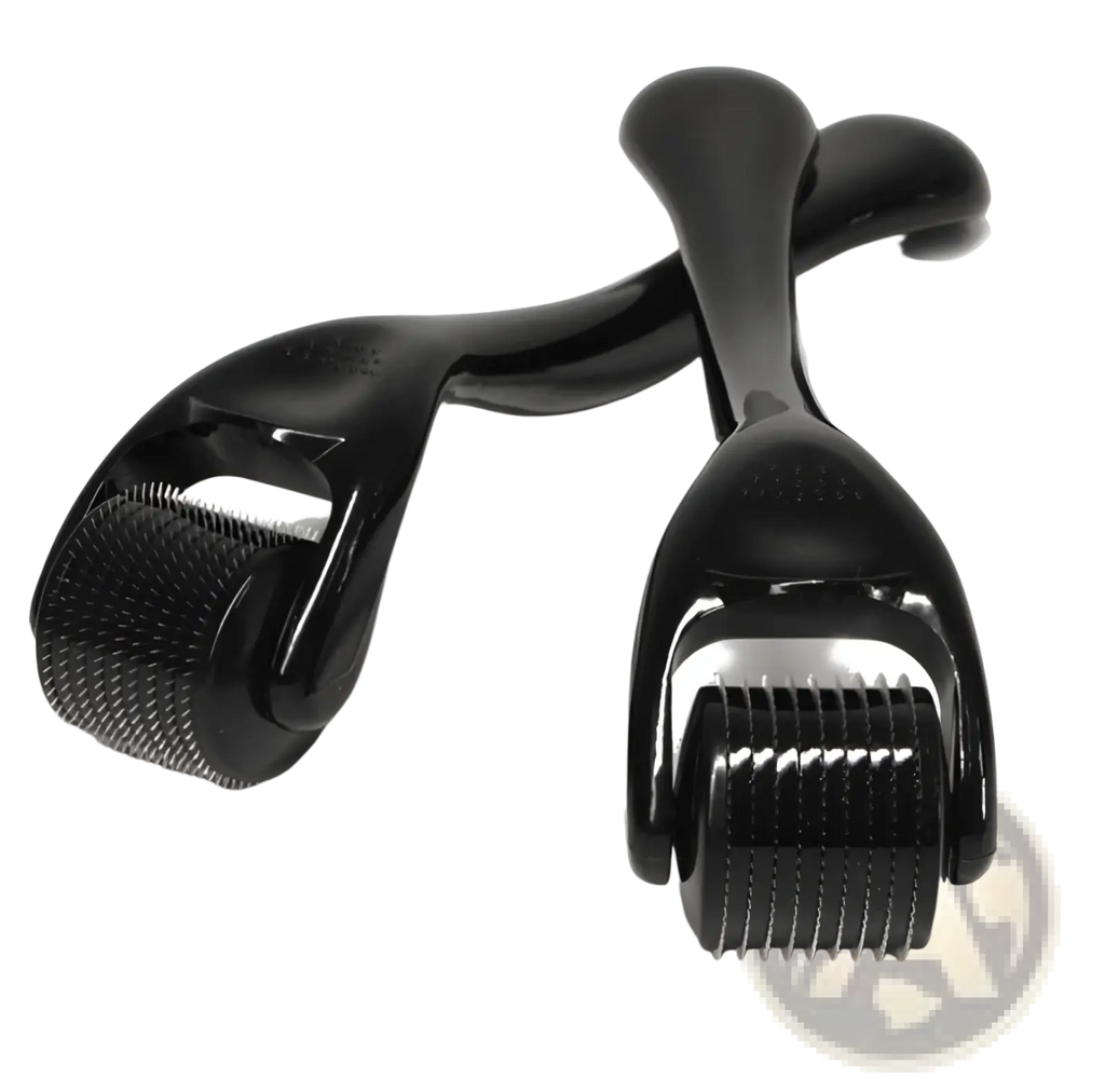 Black skin needling roller with glossy finish and fine needles for beard roller and oil set microneedle skin care kit