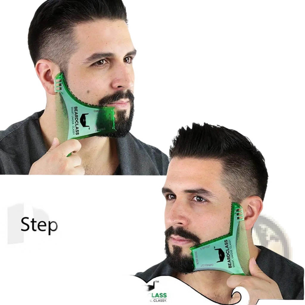 Green plastic beard shaping comb with nose guide and curved step cut design for precise beard trimming