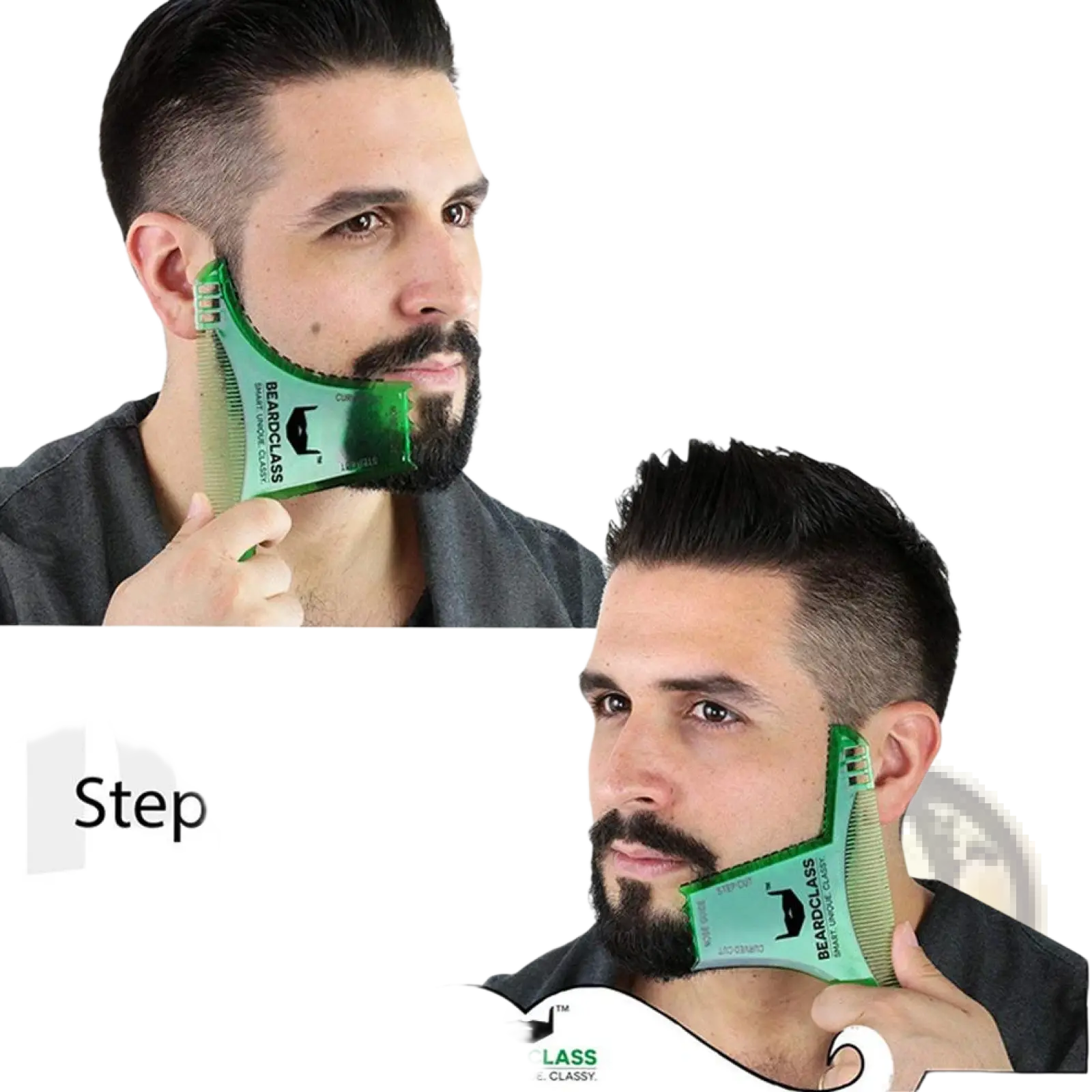 Green plastic beard shaping comb with nose guide and curved step cut design for precise beard trimming