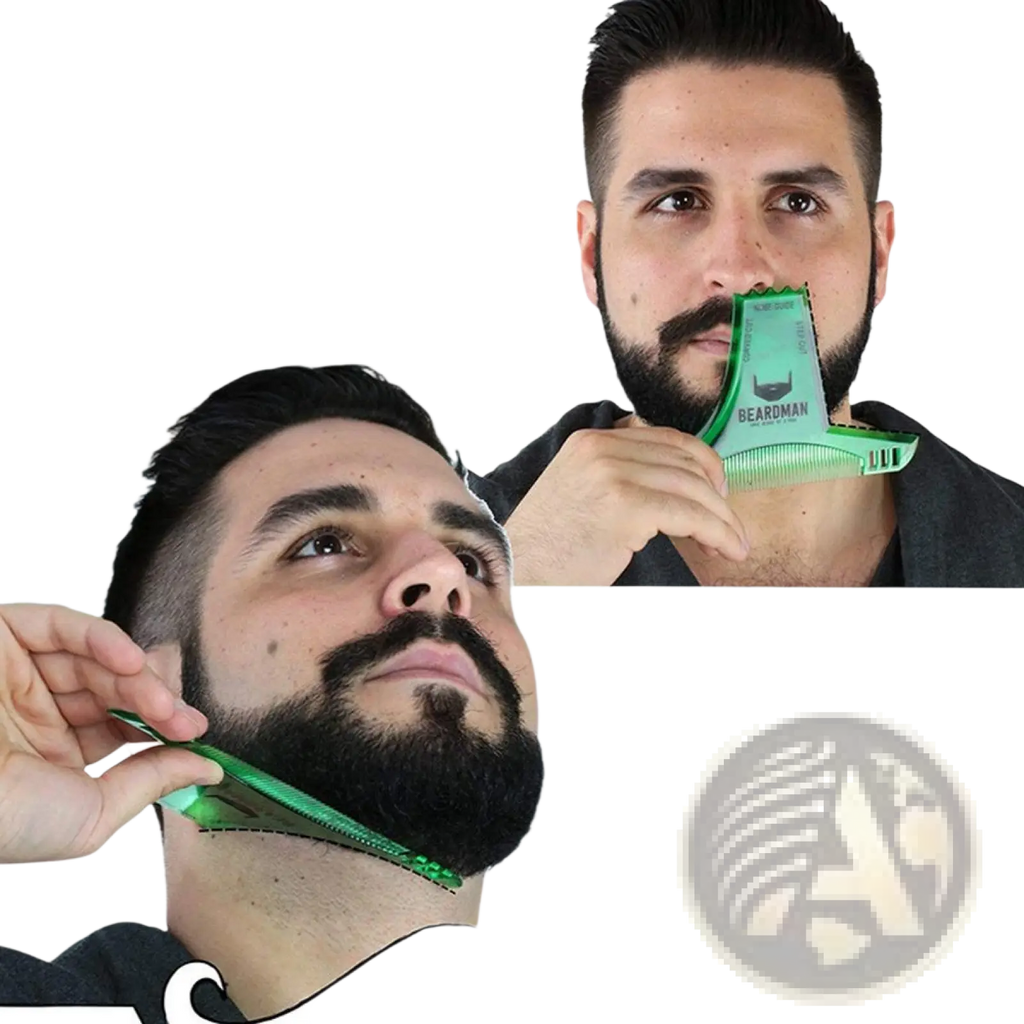 Green plastic beard shaping comb with step cut design and beardman logo featuring a nose guide attachment