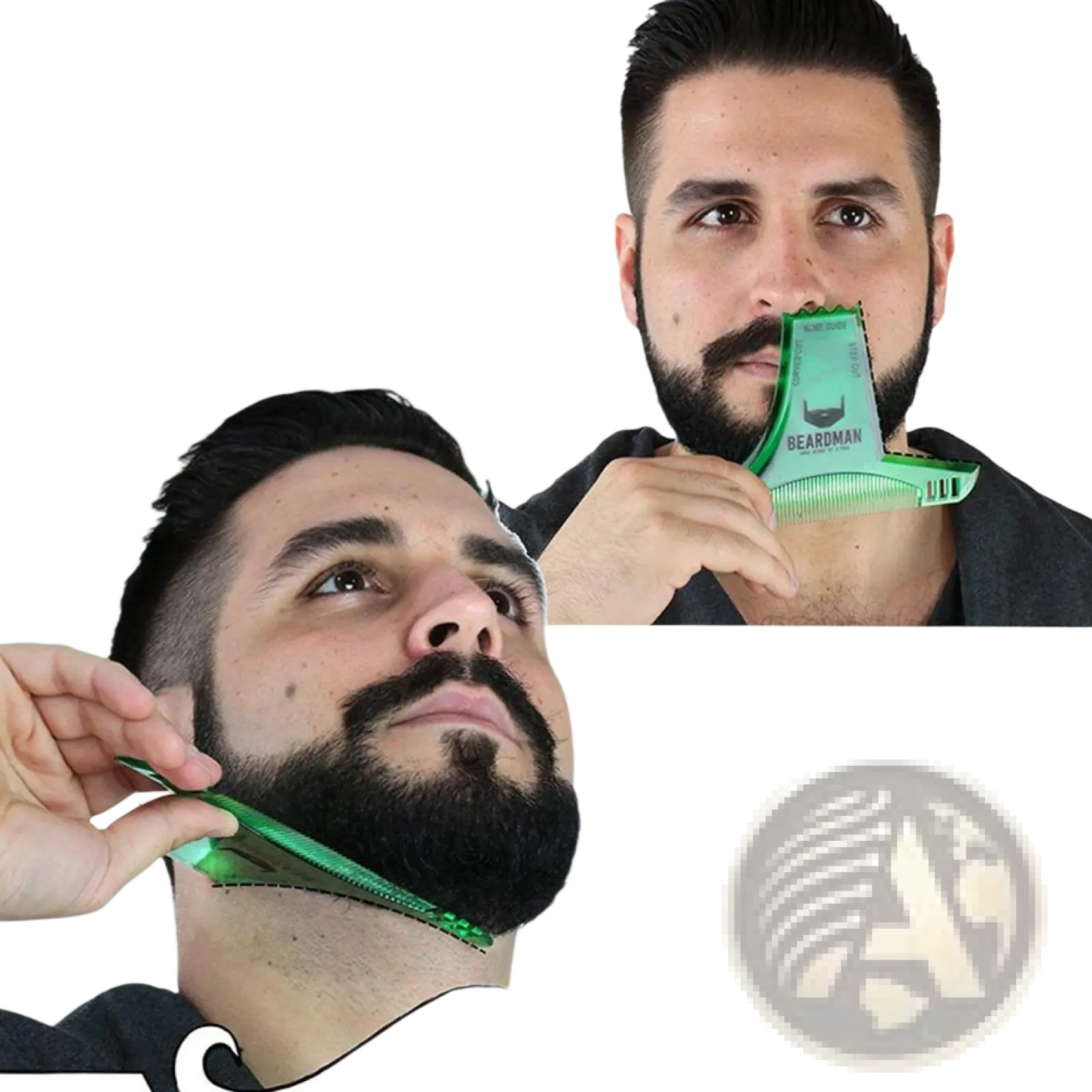 Green plastic beard shaping comb with step cut design and beardman logo featuring a nose guide attachment