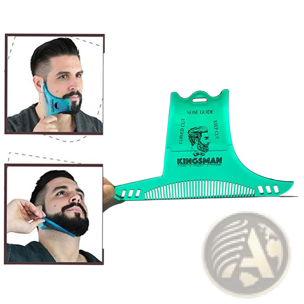 Teal plastic beard shaping comb by Kingsman with nose guide and step cut design for precise grooming