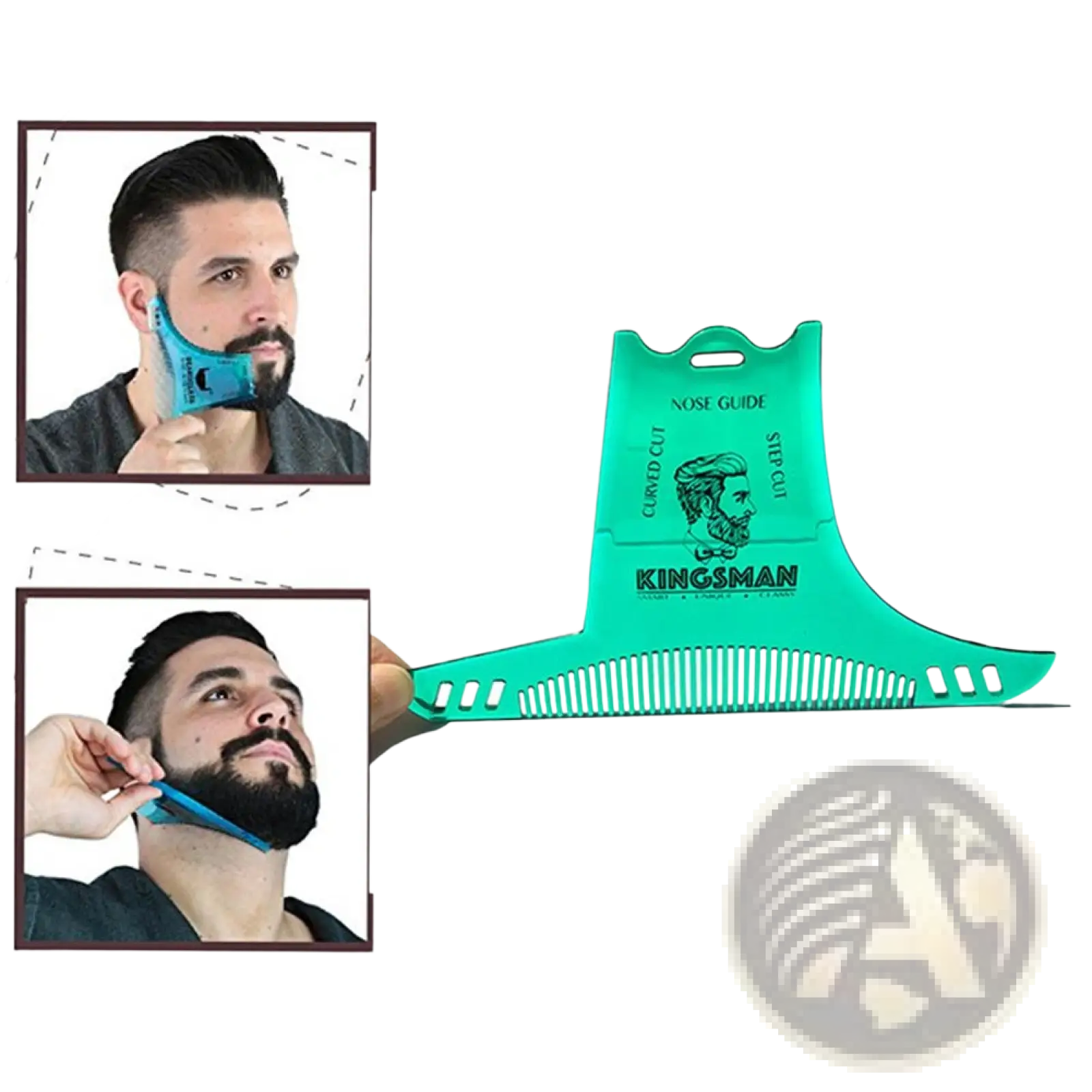 Teal plastic beard shaping comb by Kingsman with nose guide and step cut design for precise grooming