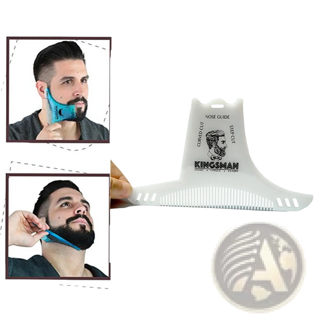 White plastic beard shaping comb with blue adjustable strap and engraved kingsman branding for precise trimming guidance