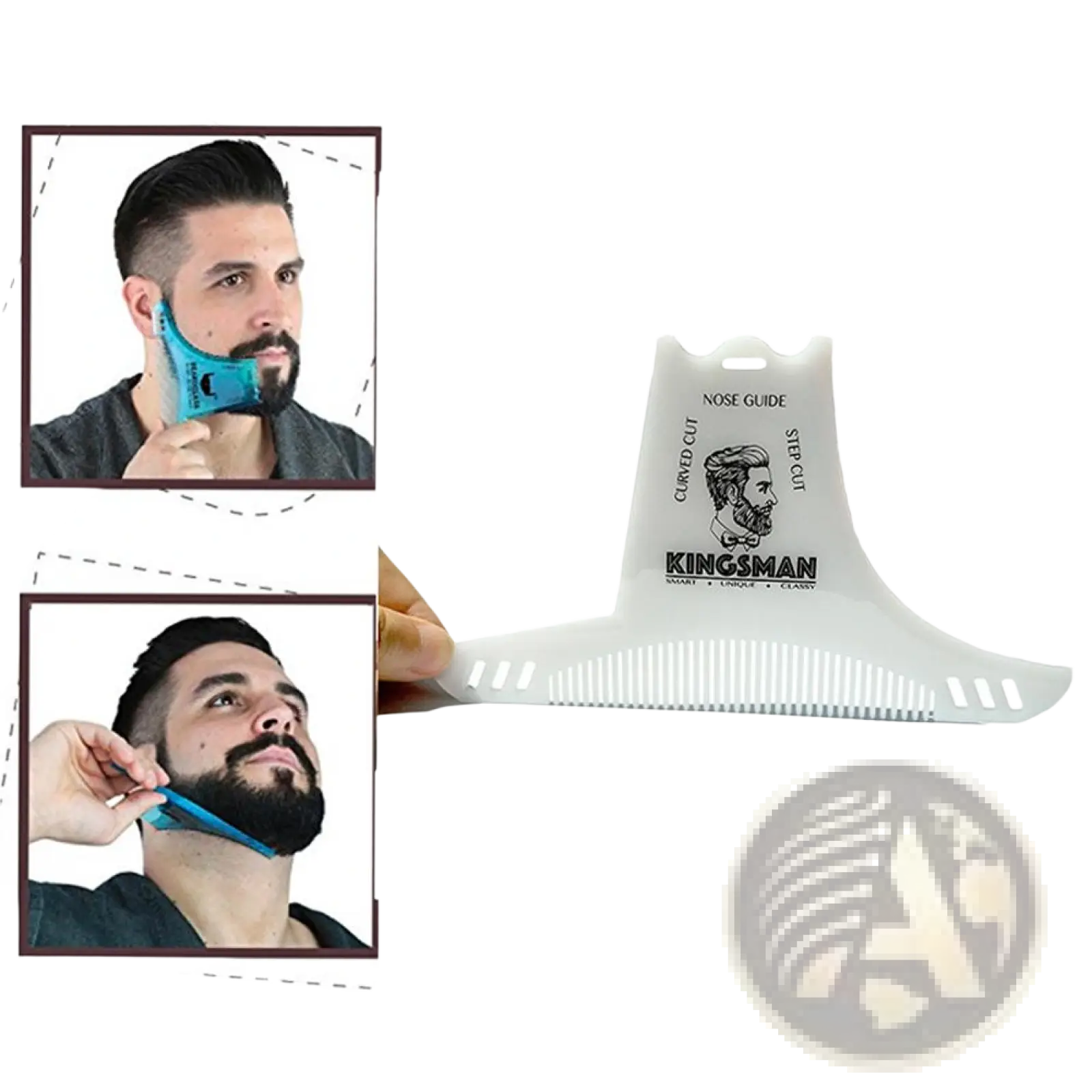 White plastic beard shaping comb with blue adjustable strap and engraved kingsman branding for precise trimming guidance