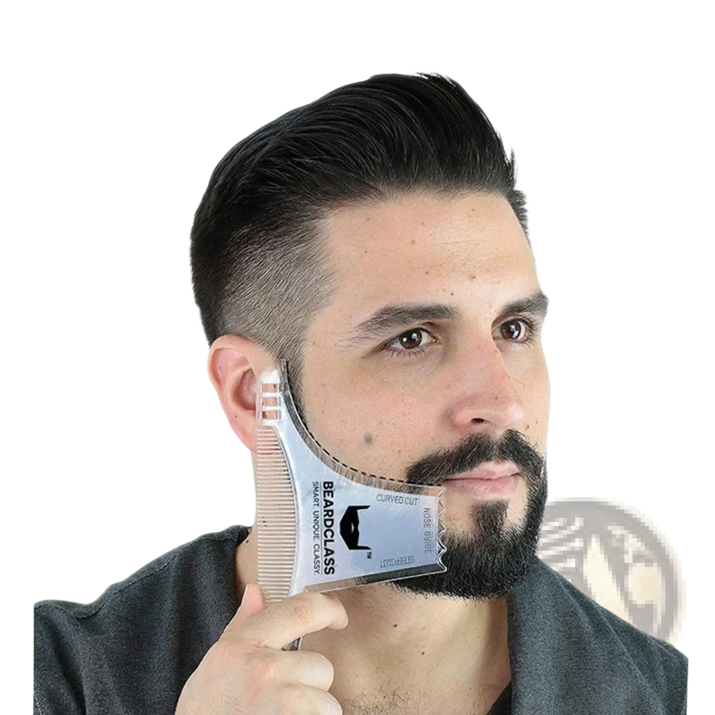 Silver plastic beard shaping comb with adjustable guide slots and curved step cut design for precise grooming