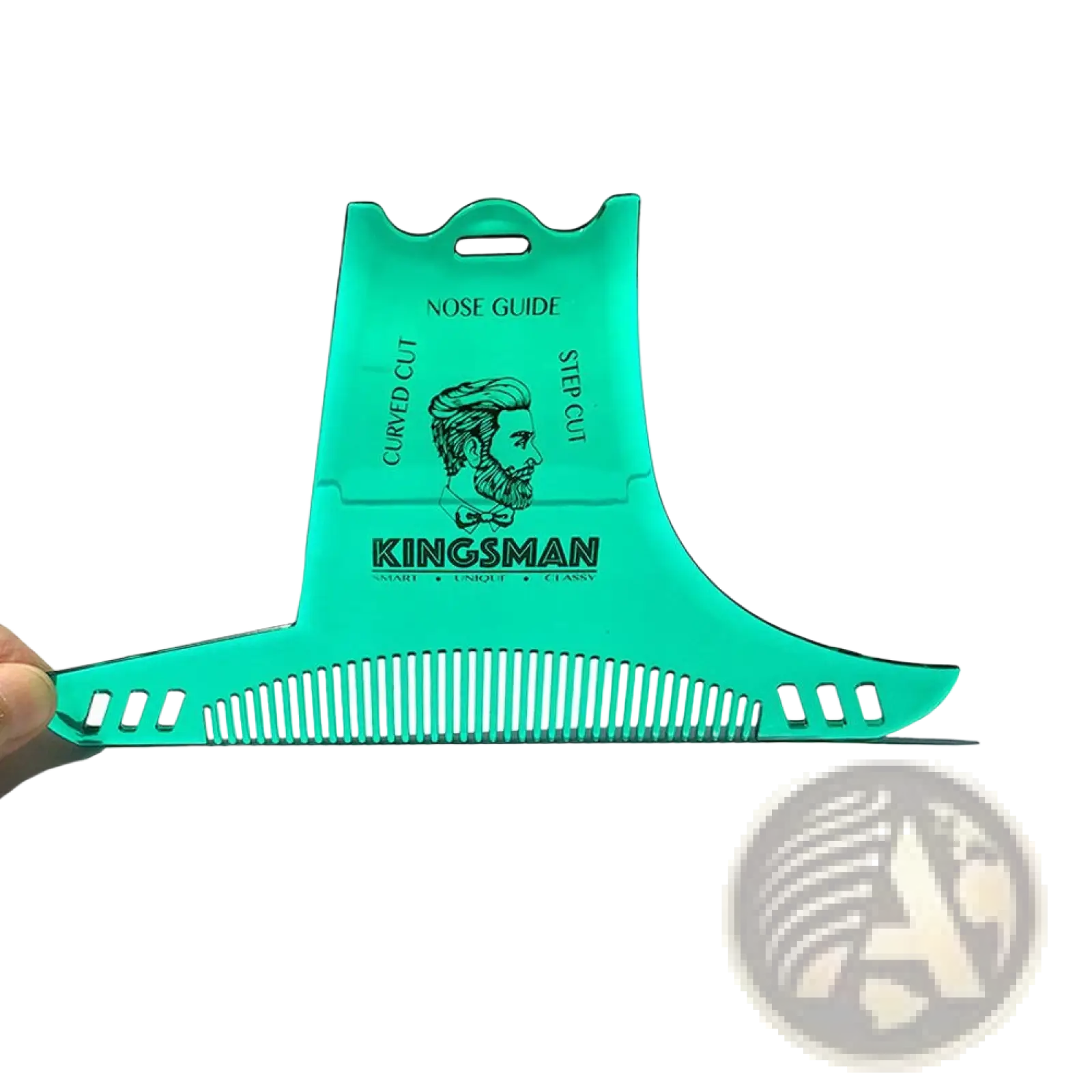 Teal plastic beard shaping comb with nose guide and step cut design for precise beard grooming