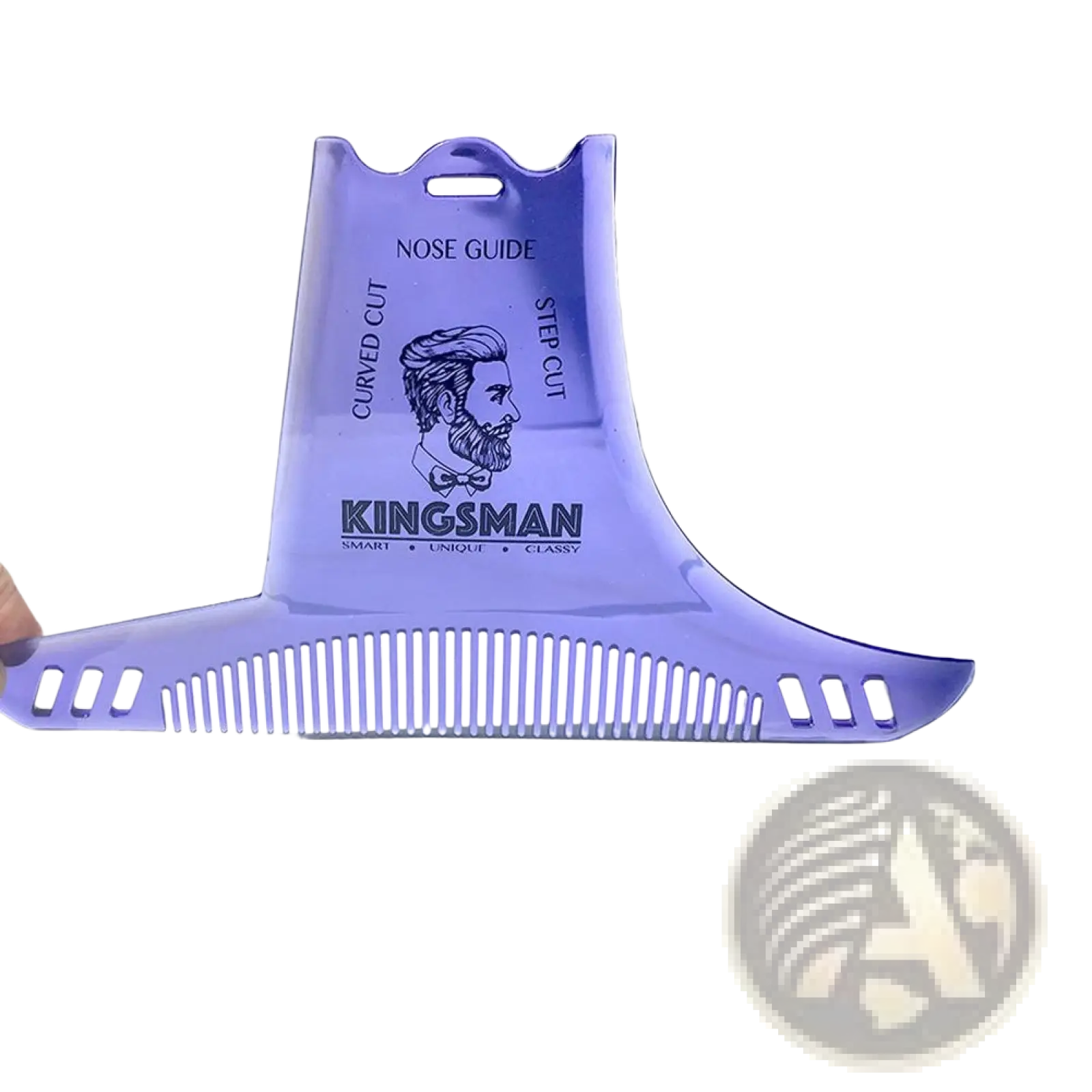 Purple translucent plastic beard shaping comb with nose guide and step cut design by Kingsman