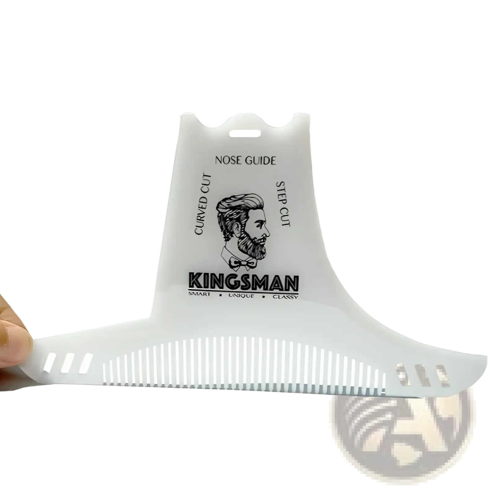 White plastic beard shaping comb with nose guide step cut design engraved kingsman branding and vintage gentleman illustration