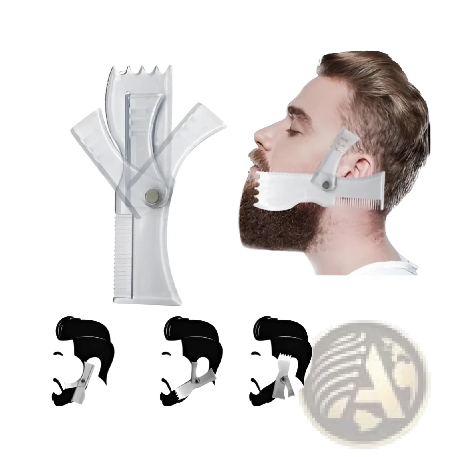 Clear plastic beard shaping template comb with adjustable comb and 360 degree rotation for precise styling