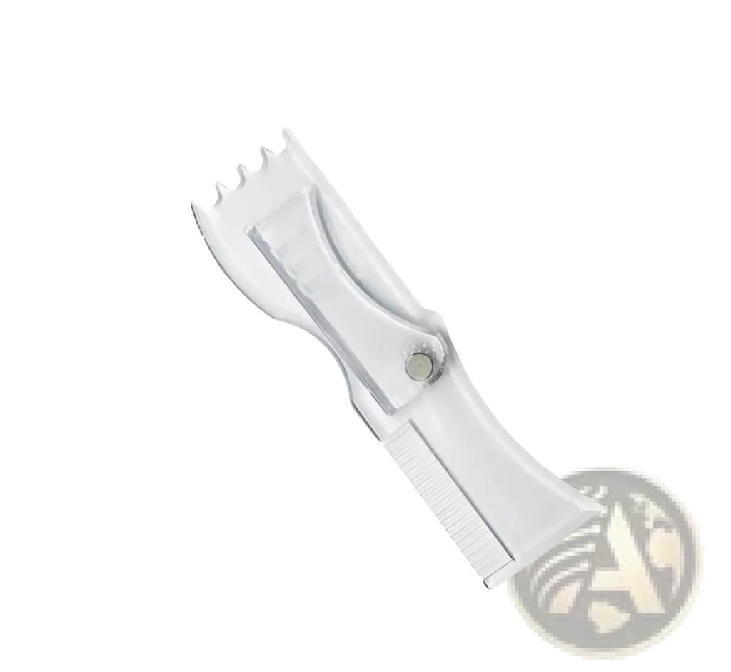 Clear plastic beard shaping template comb with serrated edge small metallic button and 360 degree rotation handle