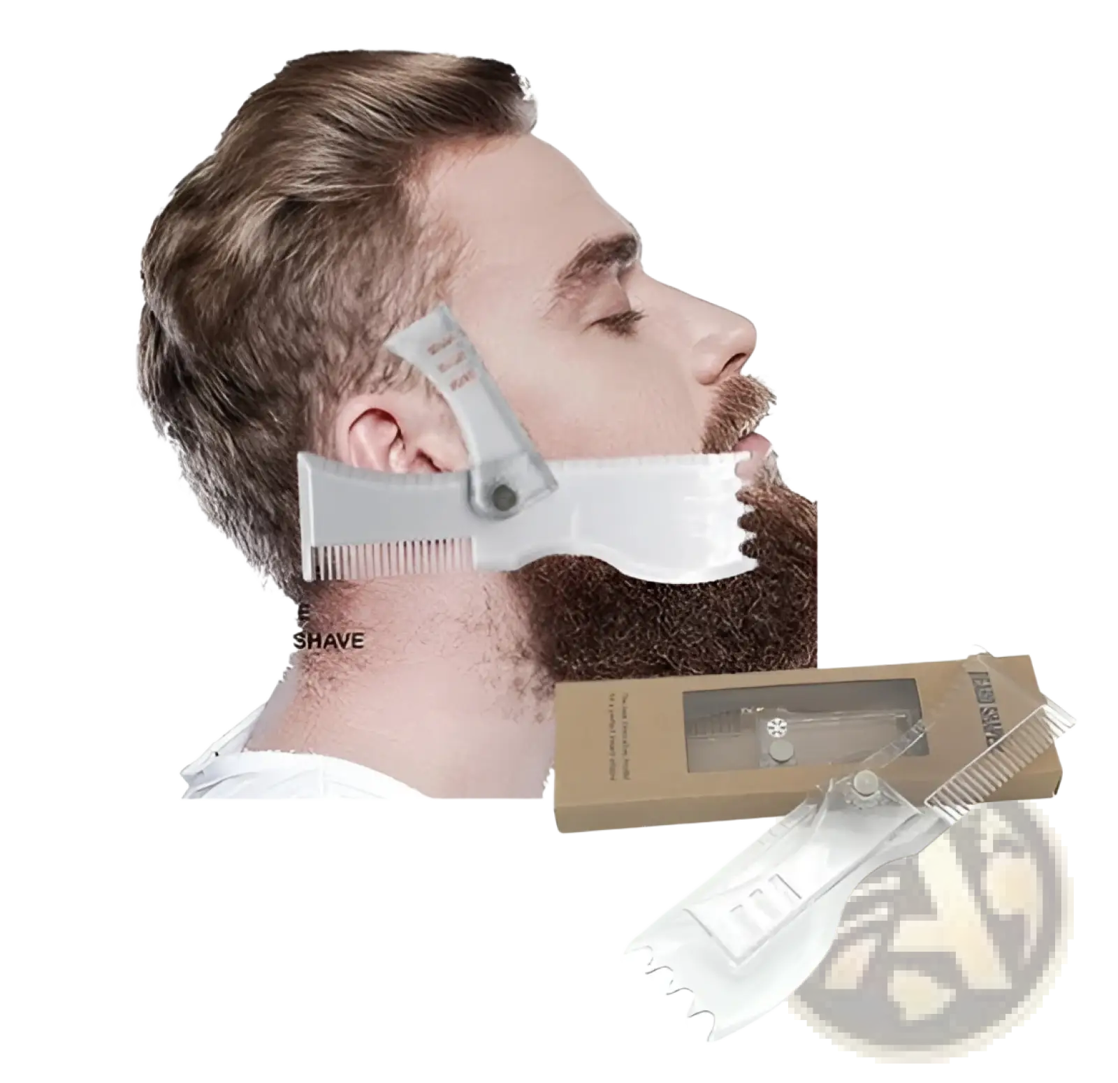 Clear plastic beard shaping template comb with 360 degree rotation, comb-like edge, and adjustable clip for precise grooming