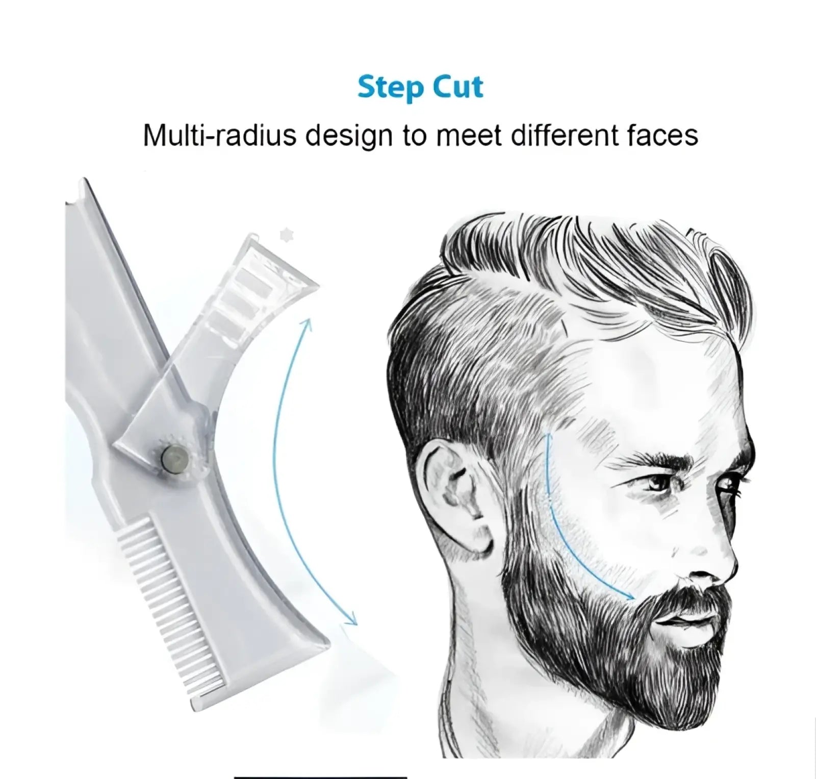 Silver step-cut beard comb with multi-radius design and 360 degree rotation for precise facial shaping