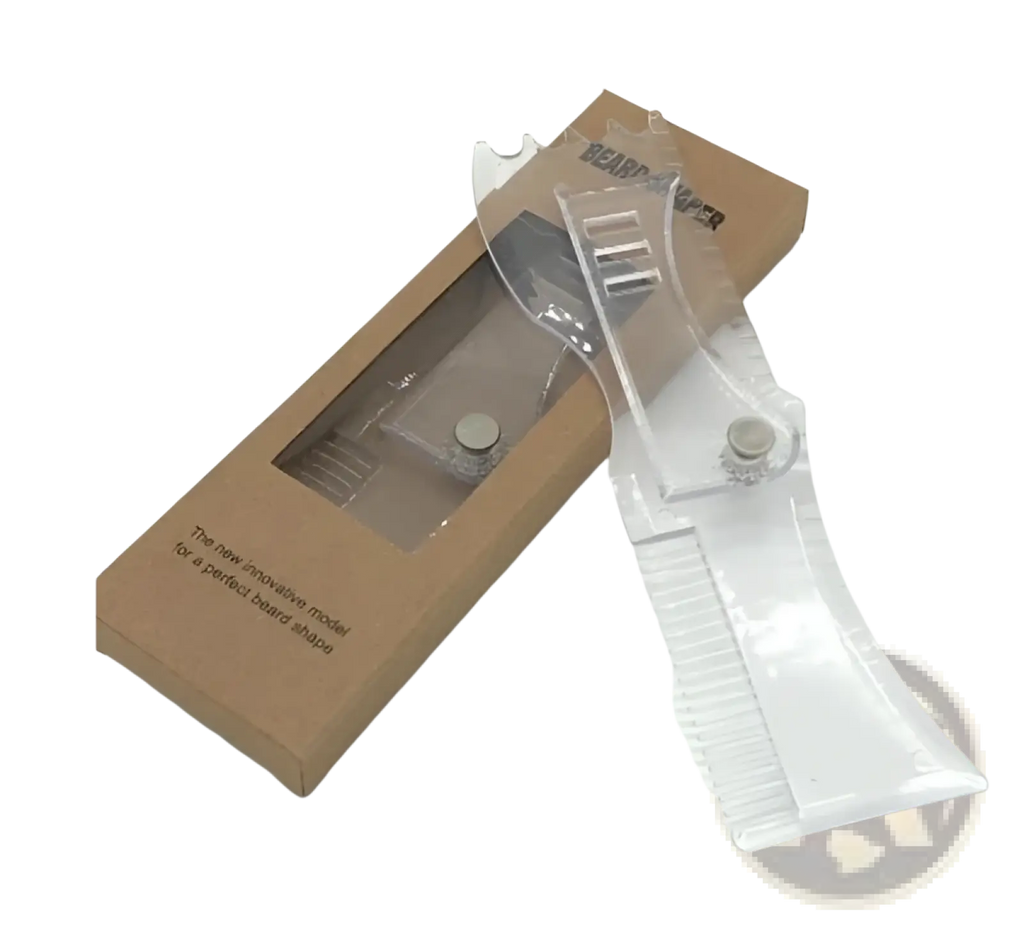 Clear plastic beard shaping template comb with sleek modern design and two silver metal clasps for secure attachment