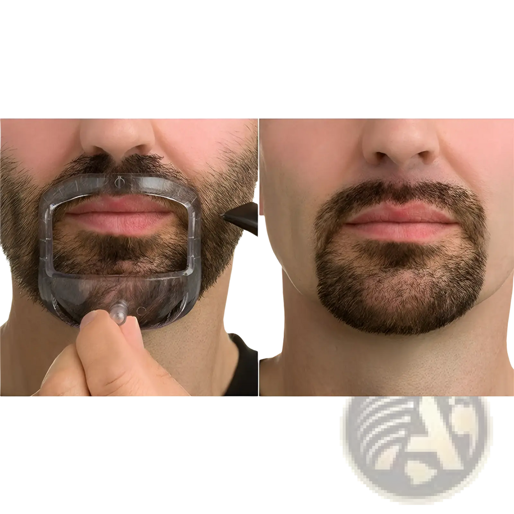 Clear plastic beard trimmer guide with curved transparent frame for precise mustache shaping in grooming kit