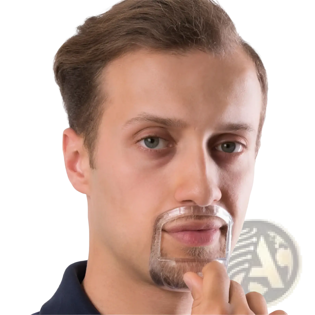 Clear transparent plastic mustache template with defined shape for precise beard or stubble styling in grooming kit