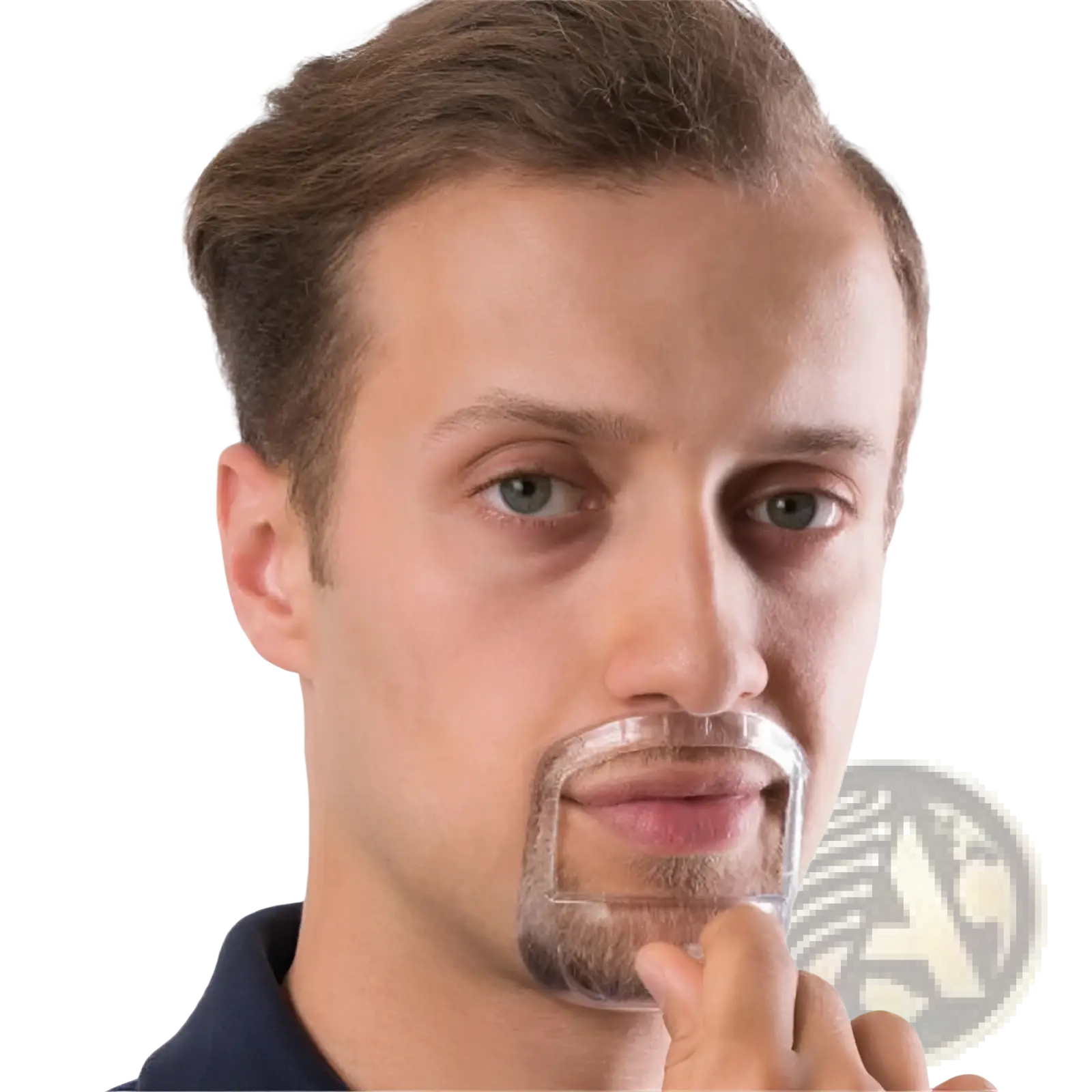 Clear transparent plastic mustache template with defined shape for precise beard or stubble styling in grooming kit