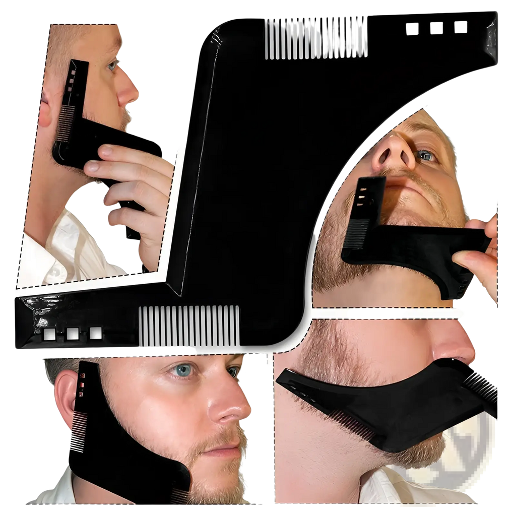 Black plastic beard shaping tool and comb with adjustable notches for precise trimming and styling
