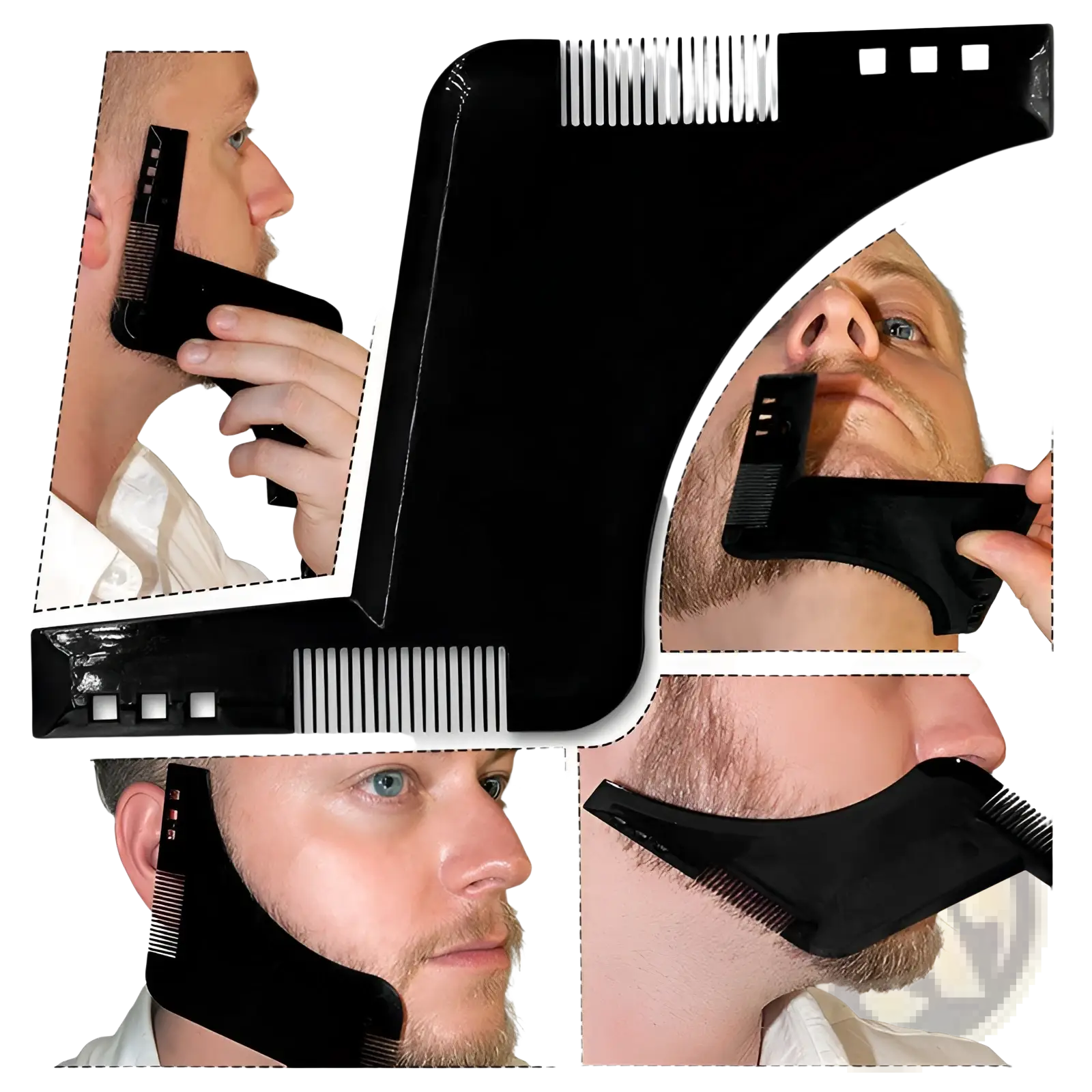 Black plastic beard shaping tool and comb with adjustable notches for precise trimming and styling