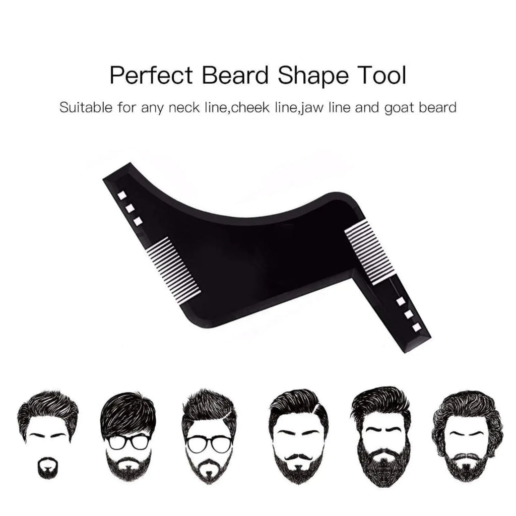 Black plastic beard shaping comb with ridged edges and measurement markings for precise trimming and styling