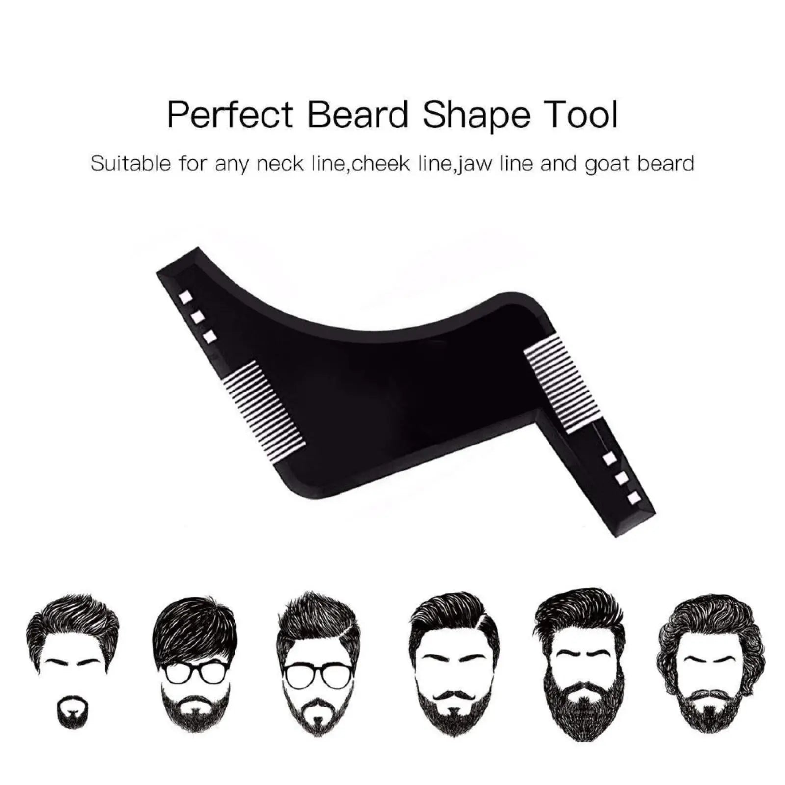 Black plastic beard shaping comb with ridged edges and measurement markings for precise trimming and styling
