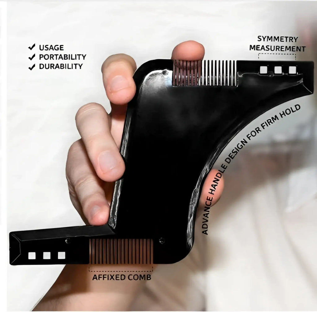 Black plastic beard shaping tool and comb with integrated handle for precise symmetry measurement and trimming