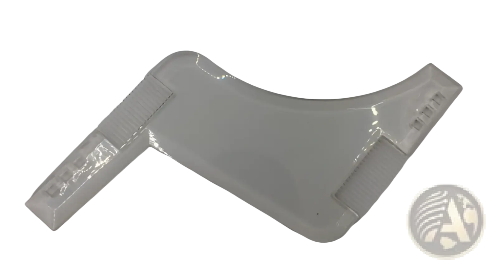 Clear plastic shoe insole with molded contours and textured grip areas shown with beard shaping tool and comb for precise trimming
