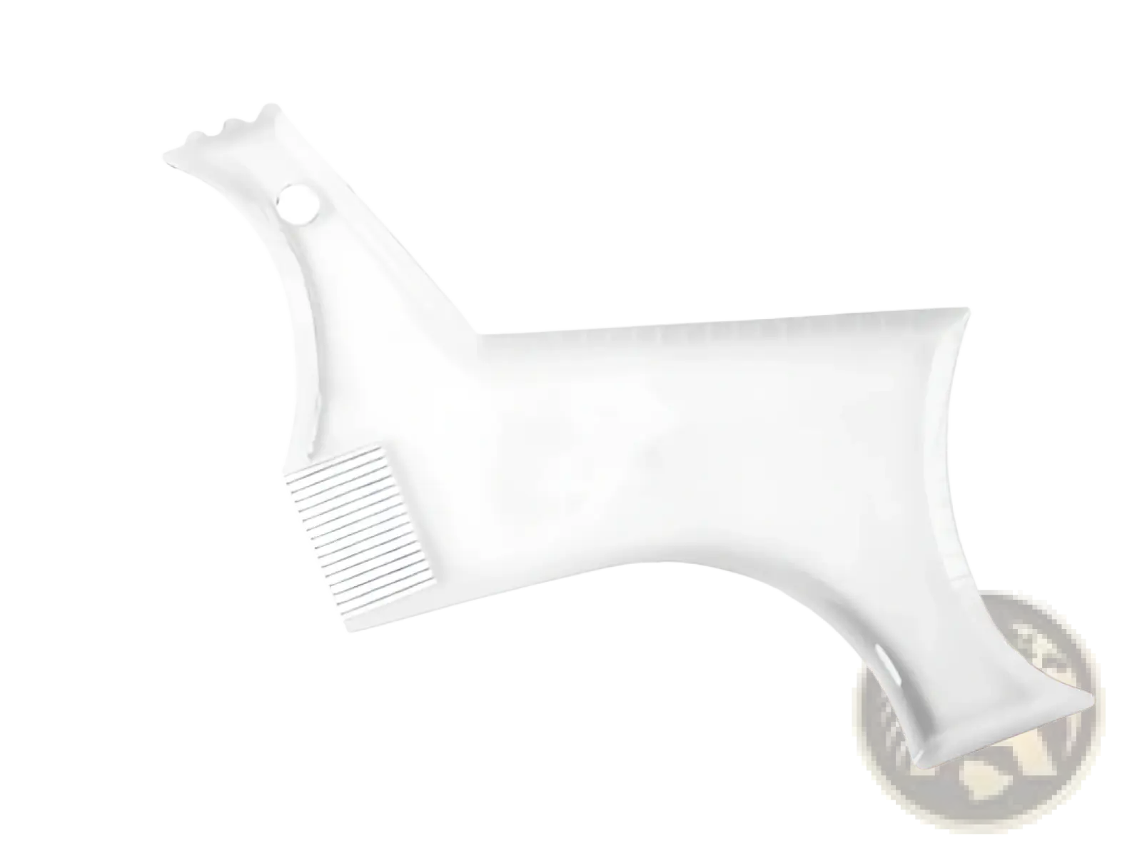 Transparent plastic beard shaping tool and comb with ridged teeth and small hole for precise trimming