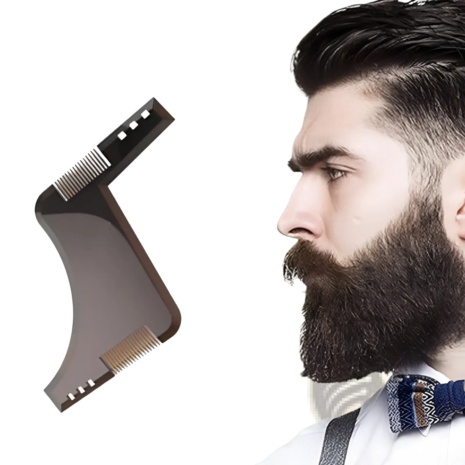 Black plastic beard shaping tool and comb with dual-sided teeth for precise trimming and grooming