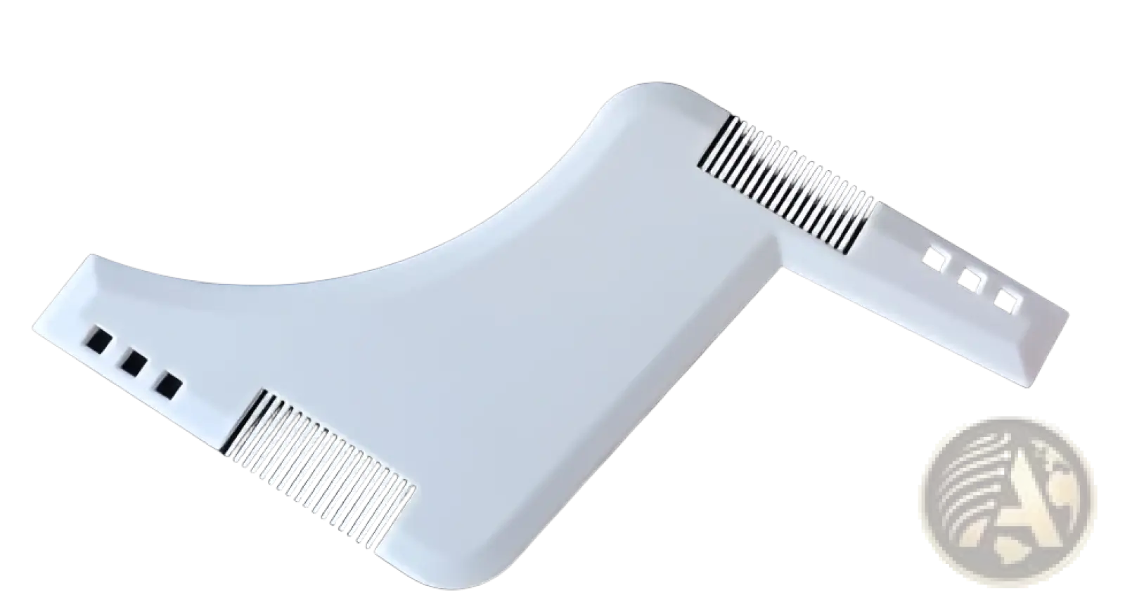 White plastic beard shaping tool and comb with curved ergonomic design and two integrated combs for precise trimming