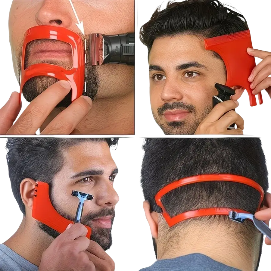 Bright orange plastic beard shaping tool with adjustable clips and comb edge for precise facial hair grooming