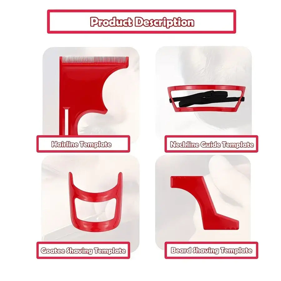 Set of four red plastic beard shaping tools and grooming guides for hairline, neckline, goatee, and beard trimming