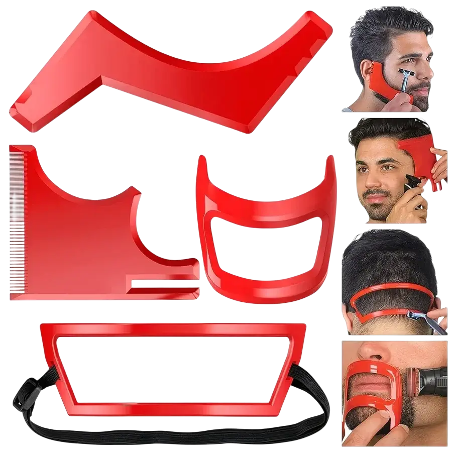 Red plastic beard shaping tool with multiple templates for precise grooming and trimming guide set