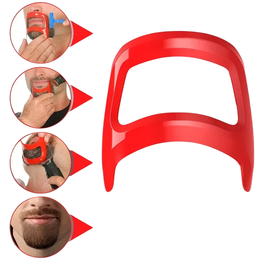 Red plastic beard shaping tool with curved ergonomic design for precise facial hair trimming and grooming guide
