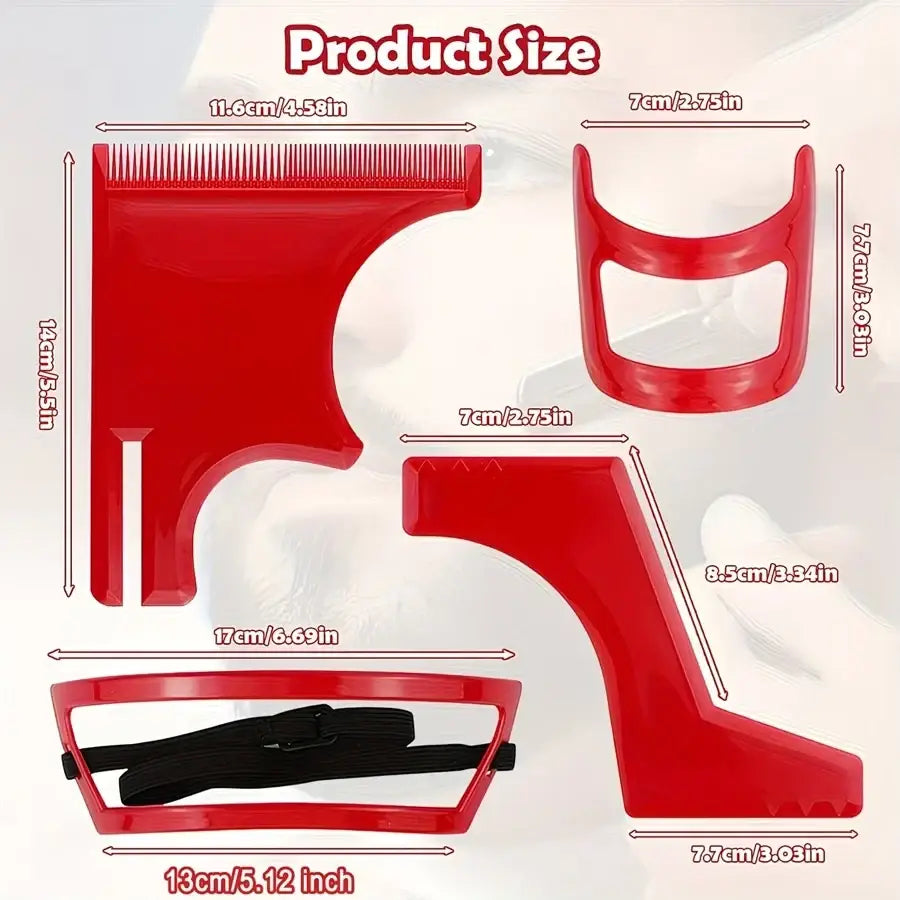 Red plastic beard shaping tool with built-in guide and adjustable strap for precise grooming and styling