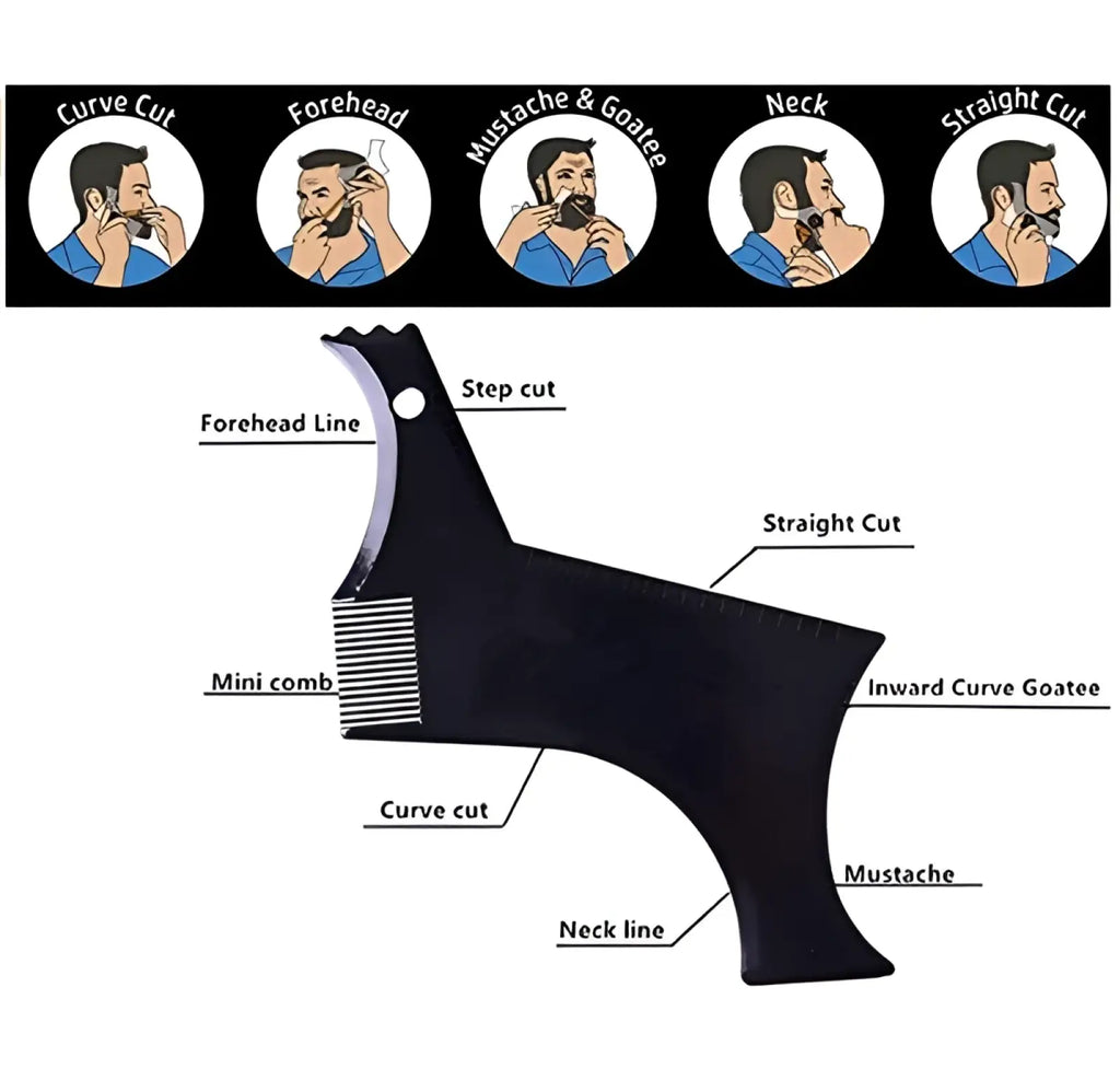 Black metal beard shaping tool with mini comb and labeled cutting guides for precise facial hair trimming for men