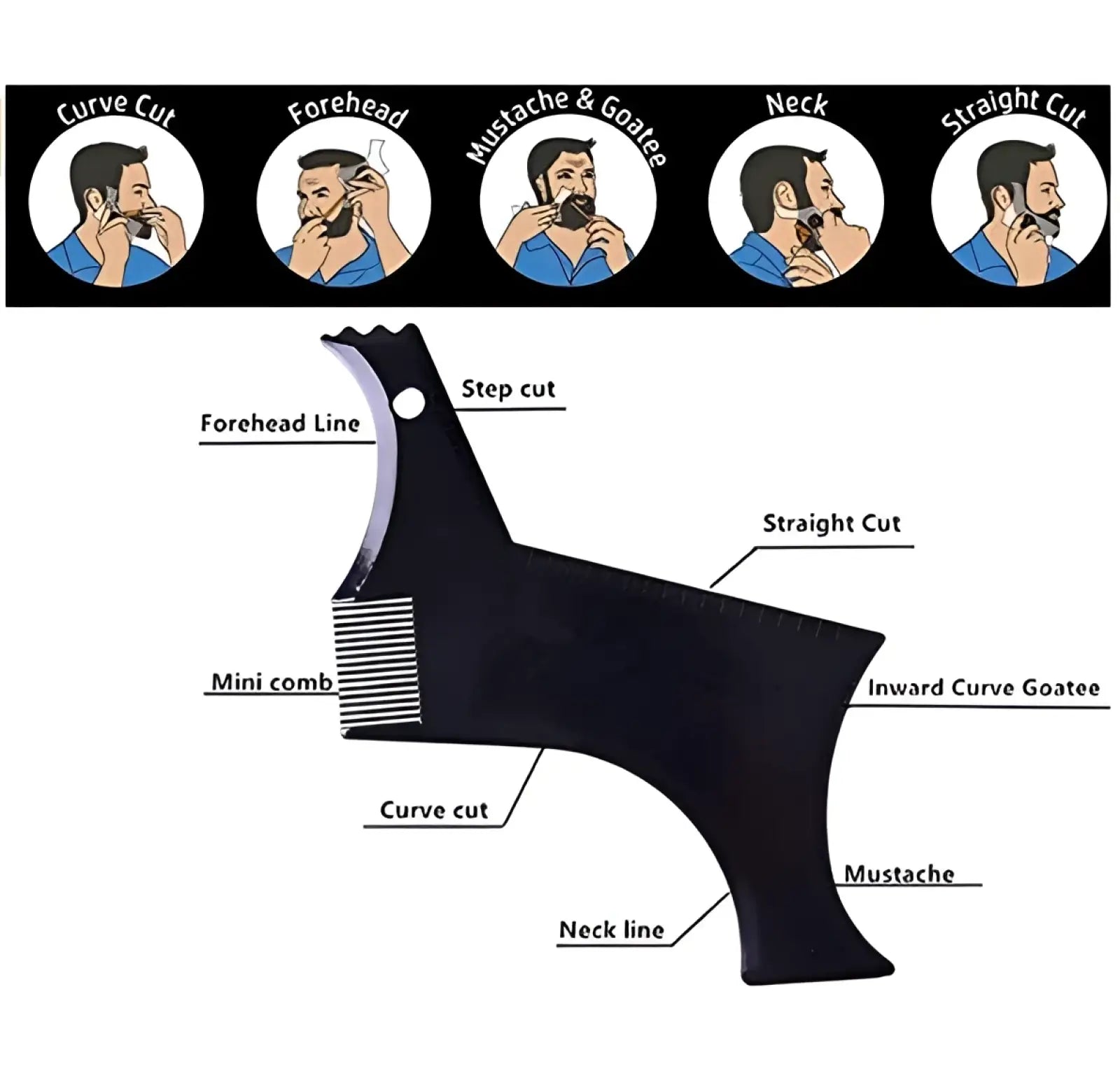 Black metal beard shaping tool with mini comb and labeled cutting guides for precise facial hair trimming for men