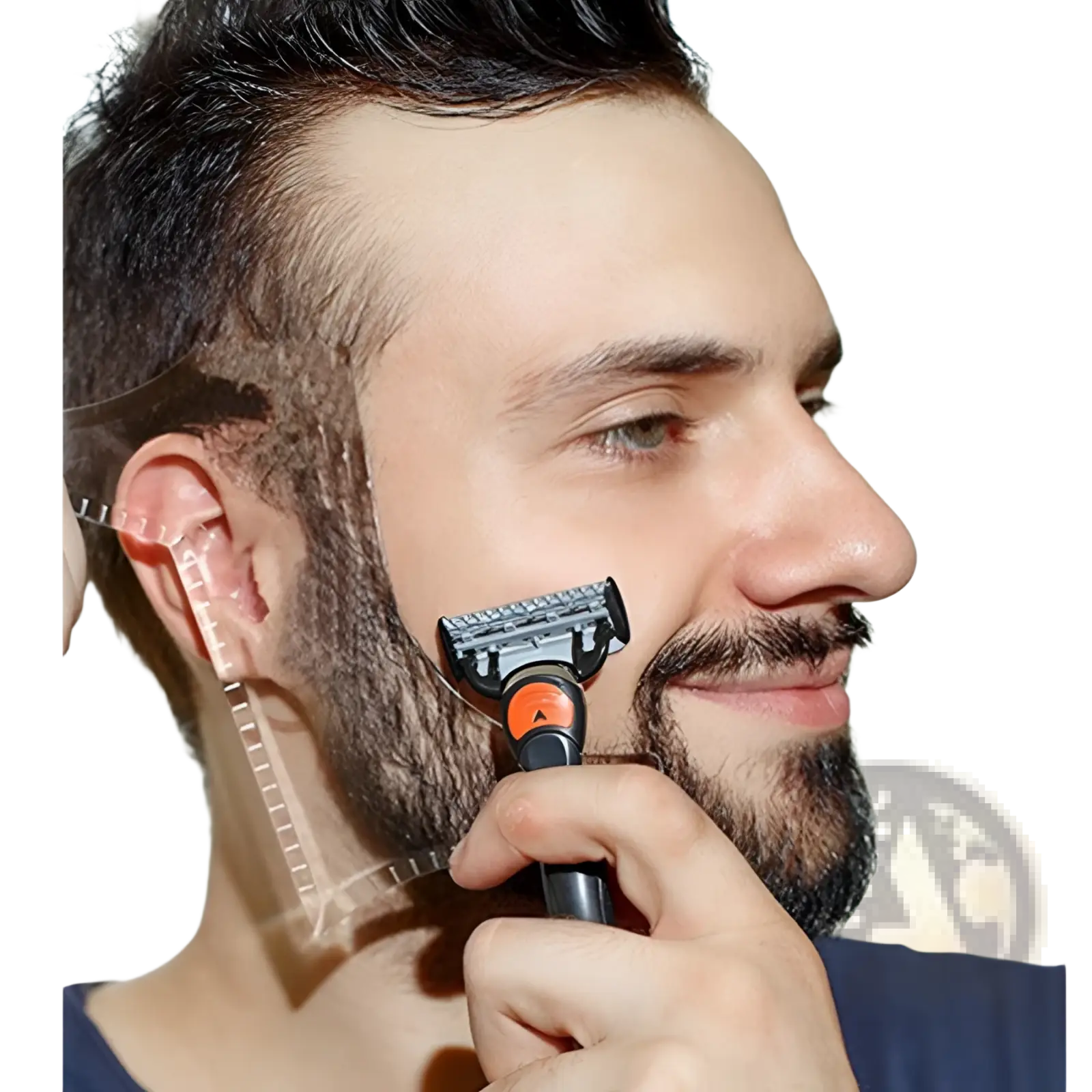 Black and orange disposable razor with textured grip handle designed as a beard shaping tool and template comb for men