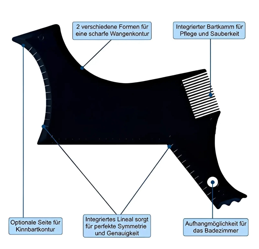 Black plastic beard shaping tool with integrated comb and measurement scale for precise facial contouring