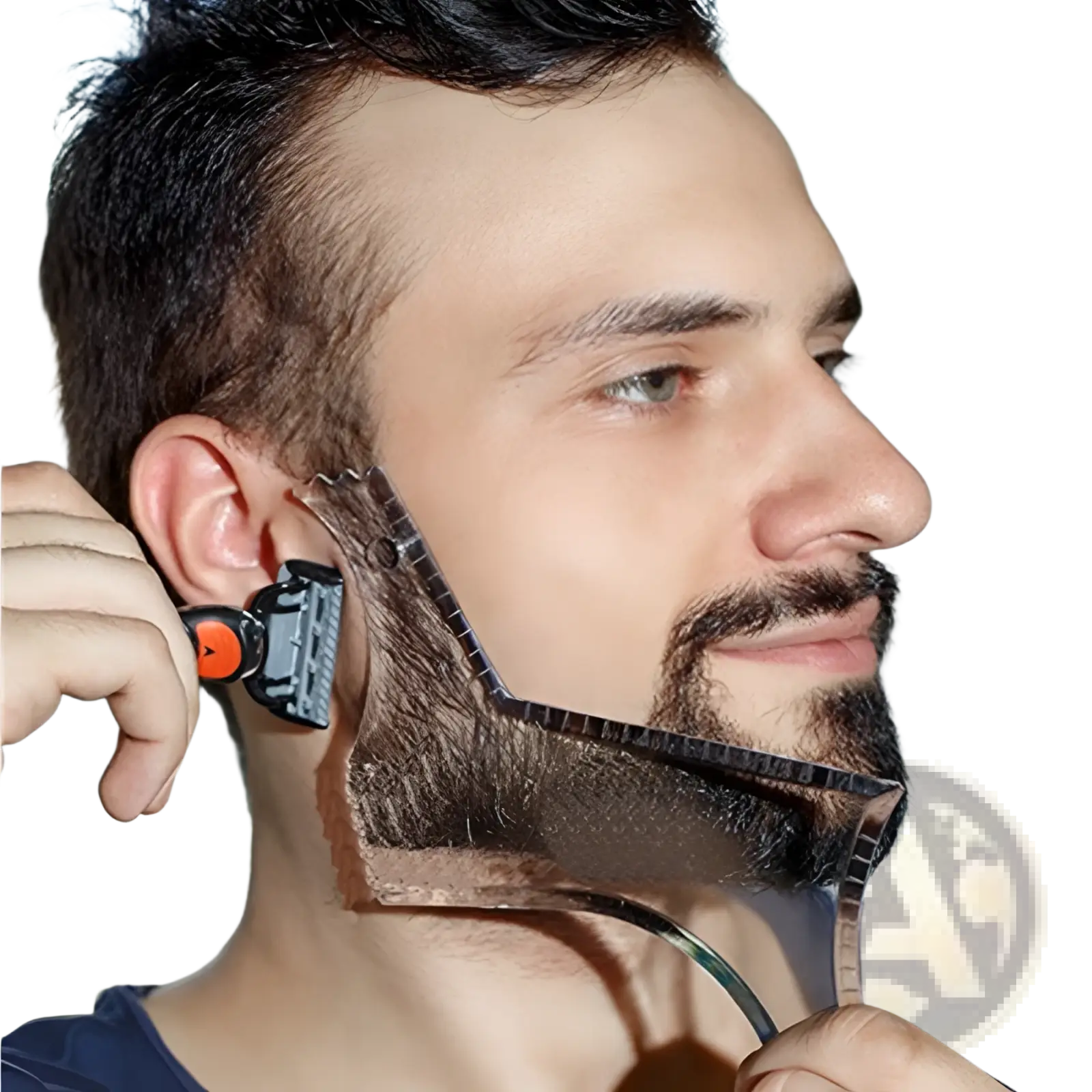 Black and orange electric beard shaping tool with flexible transparent guide strip for precise beard trimming and styling
